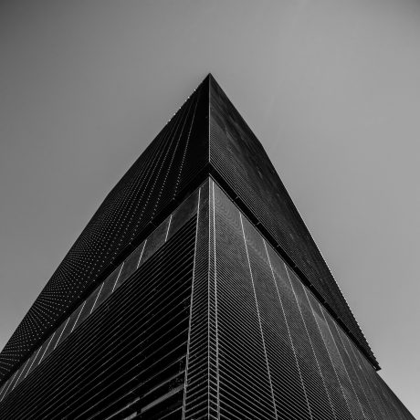 A low angle grayscale shot of a business building